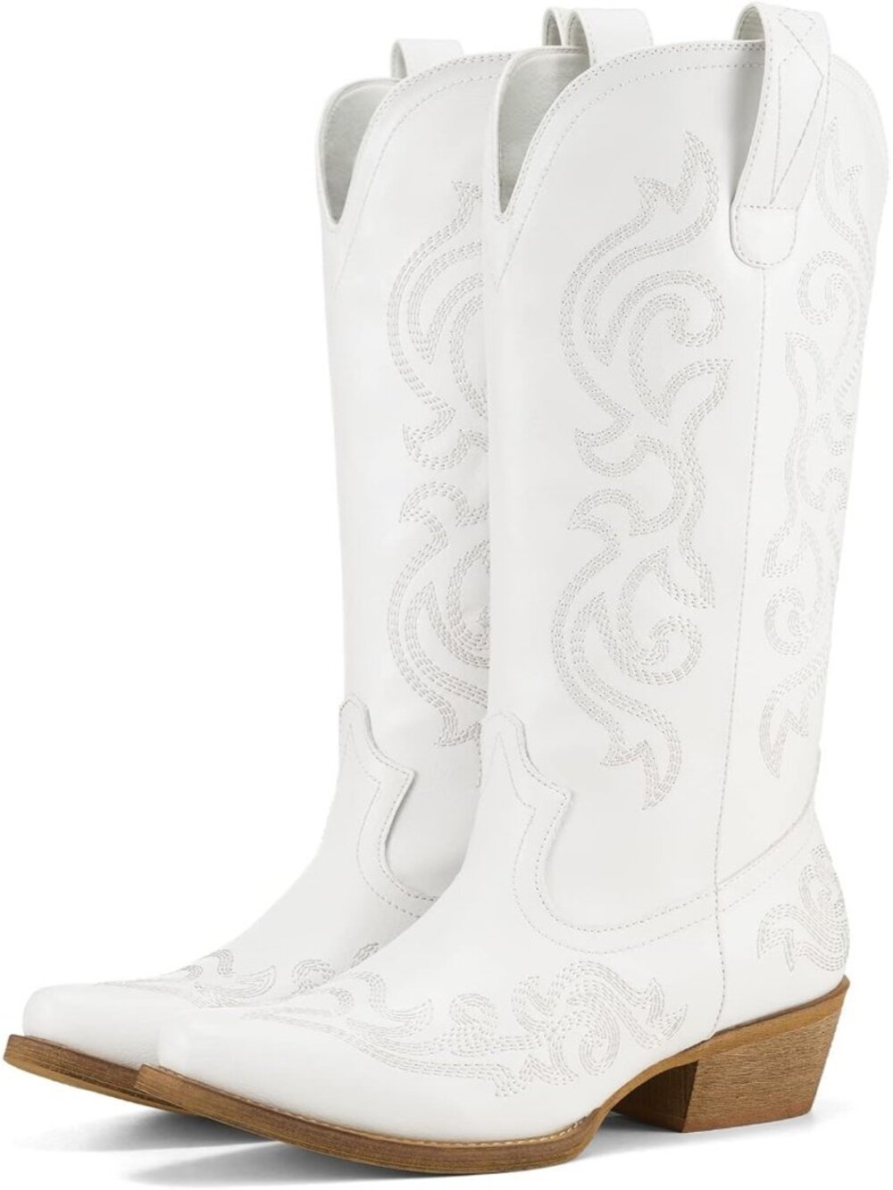 Women's White Synthetic Rubber Western Cowgirl Mid Calf Chunky Heeled Boots